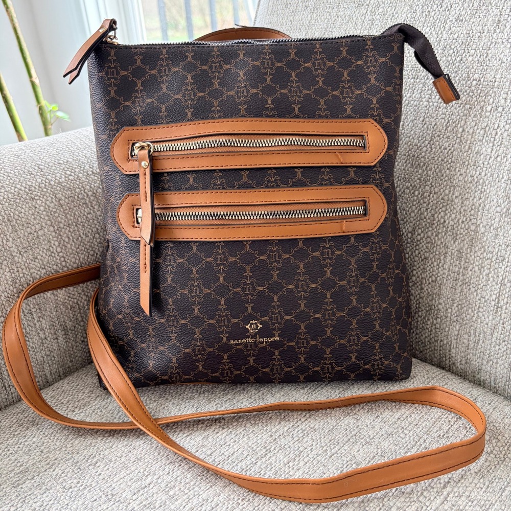Nanette Lepore Convertible Backpack Crossbody Large Brown Monogram Tan Trim Bag